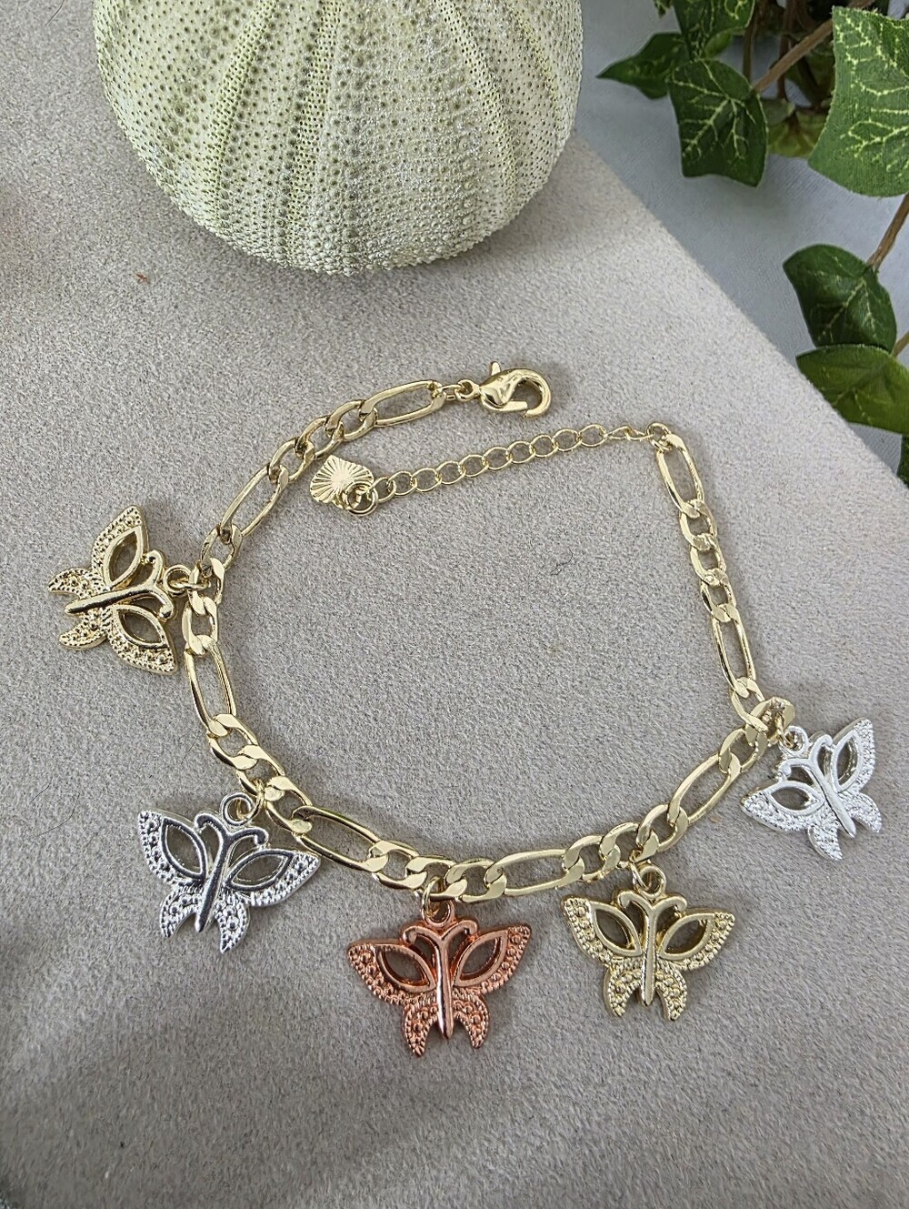 Tri-Color Gold Filled Figaro Chain Bracelet with Butterfly Charms & Extender
